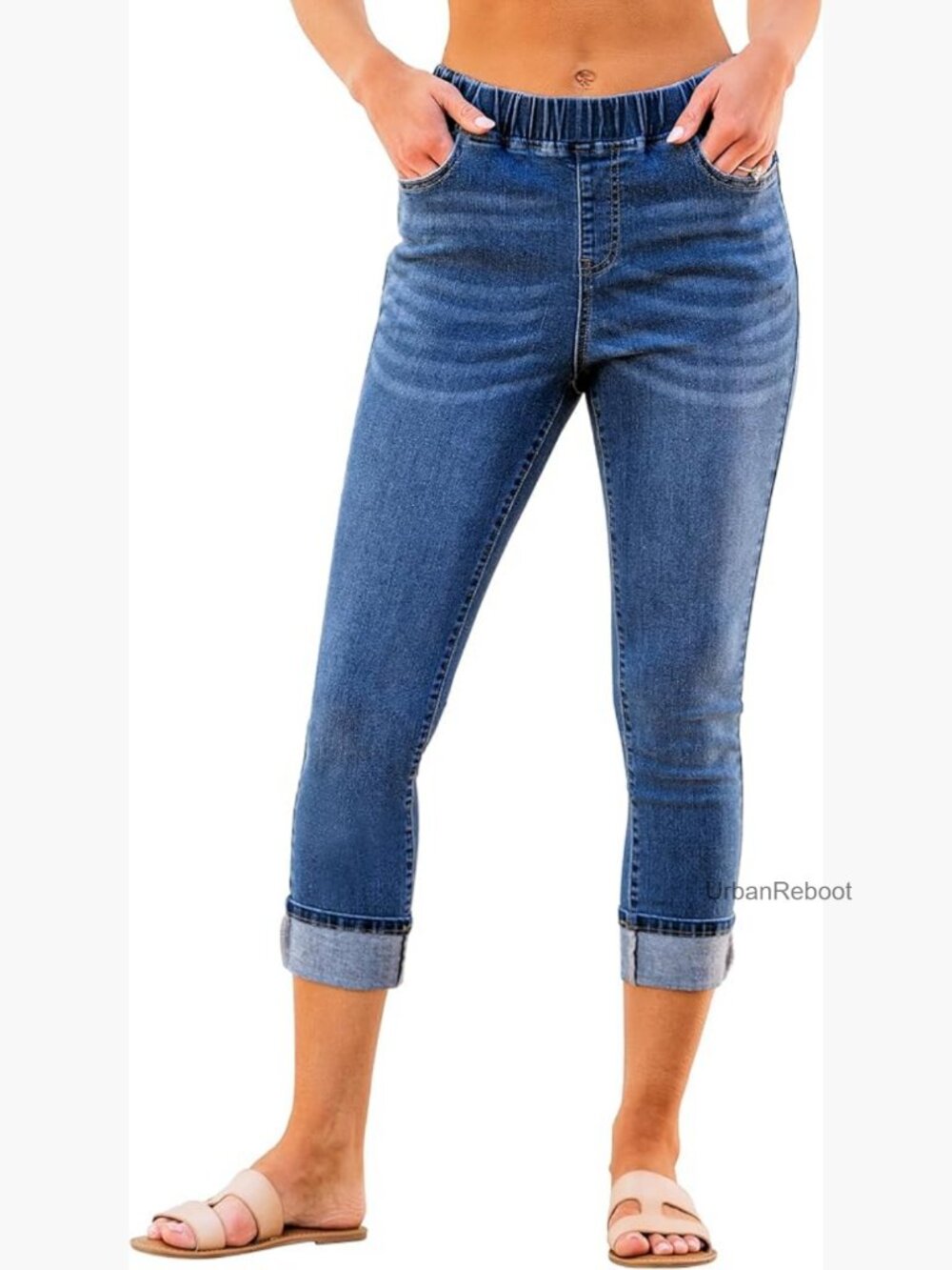 High Waisted Pull On Skinny Capri Jeans Stretch Denim Cropped Jeggings